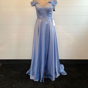 XScape Blue Sweetheart A-Line off the shoulder prom dress